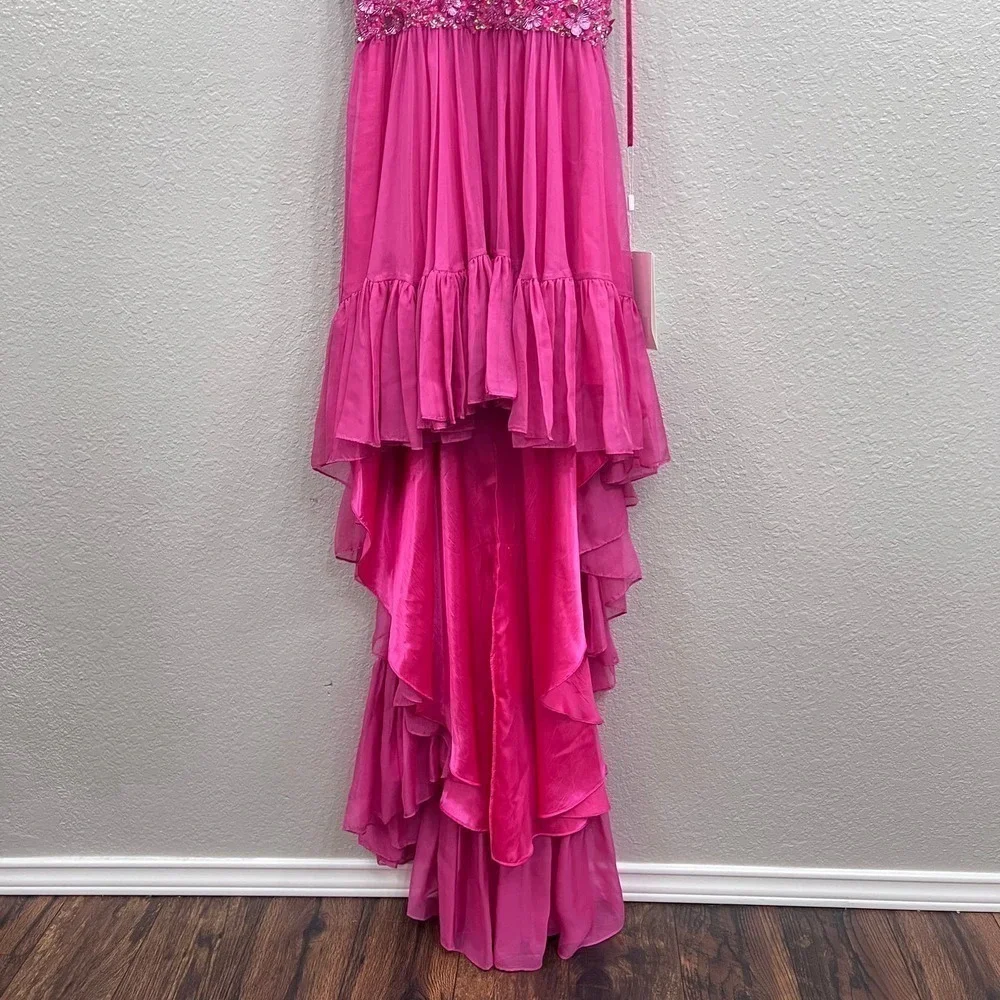NEW $498 MAC DUGGAL 68029 PINK HALTER NECK HIGH LOW FLOWY CHIFFON GOWN  Size 2